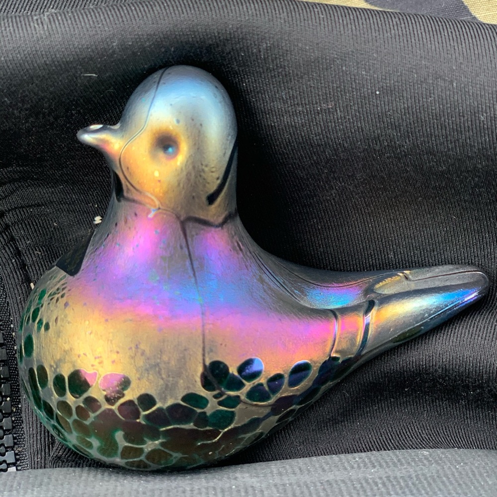 SIGNED Phoenician Glass Blue Iridescent Bird